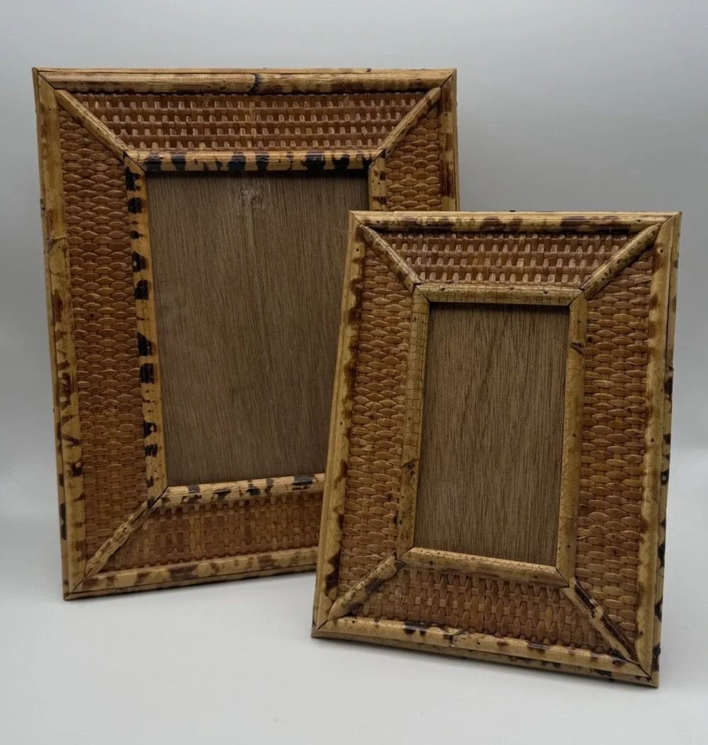 Vintage Natural Rattan Bamboo Easel Picture Frames MCM Set of 2 Hong Kong